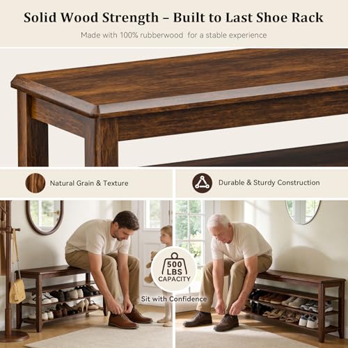 Taitiy Shoe Bench with 3 Tier Adjustable Shelves Rubberwood Entryway 31.5'' - color: Walnut - Wood, size: 31.5''