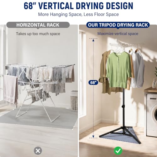 Clothes Drying Rack, Drying Rack 33-68 inches Stable and Heavy-Duty Tripod Base Thickened Stainless Steel Saving Space 27 Pieces of Clothing - color: Black