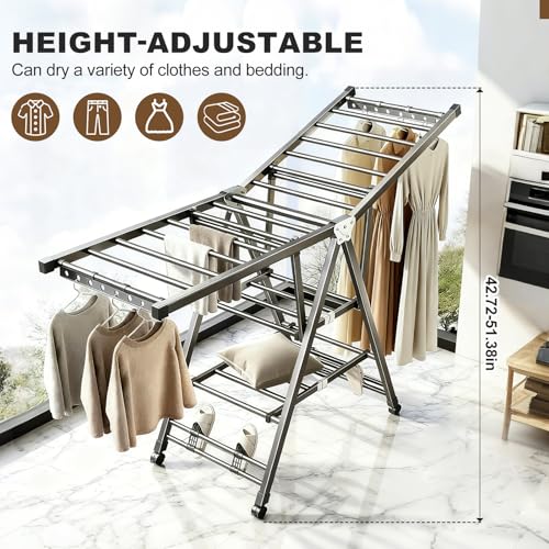 Heavy Duty 3-Tier Clothes Drying Rack with Wheels, Large 5.9ft
