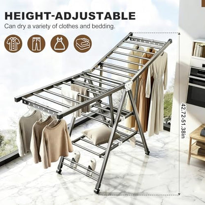 Heavy Duty 3-Tier Clothes Drying Rack with Wheels, Large 5.9ft