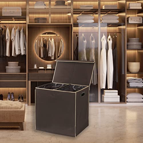 Simple Houseware Double Laundry Hamper with Lid & Removable Bags, Brown - color: Brown