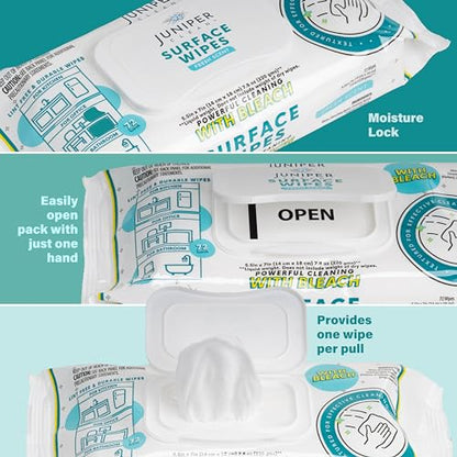 Juniper CLEAN 3 Pack Surface Cleaning Wipes with Bleach, All-Purpose Cleaner for Bathroom, Kitchen, Office, 216 Count Soft Flow, Fresh Scent, Lint Free & Durable - size: 72 Count (Pack of 3)