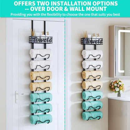HapiRm Over The Door Towel Rack - 8 Tier Wall Mount Rolled Towel Holder Storage Organizer Shelf with Storage Basket for Small Bathroom, Rv, Camper - Black - size: 8-Tier Wall Mounted