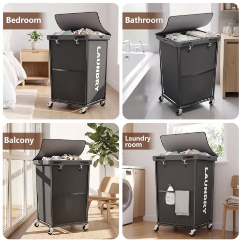 Laundry Hamper with Wheels and Lid, 150L Large Rolling Laundry Basket Gray - color: Grey, size: 150L