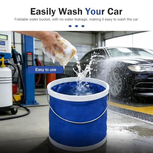 11L Car Collapsible Water Bucket, Foldable Space-Saving Car Camping Washing Bucket with Handle, Waterproof Portable Fabric Pop Up Water Container for Cars, Trucks, SUVs (Blue)