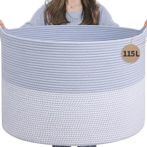 INDRESSME 115L Extra Large Woven Rope Blanket Basket Living Room Blue - color: Blue & White, size: 23.6"D x 15.7"H