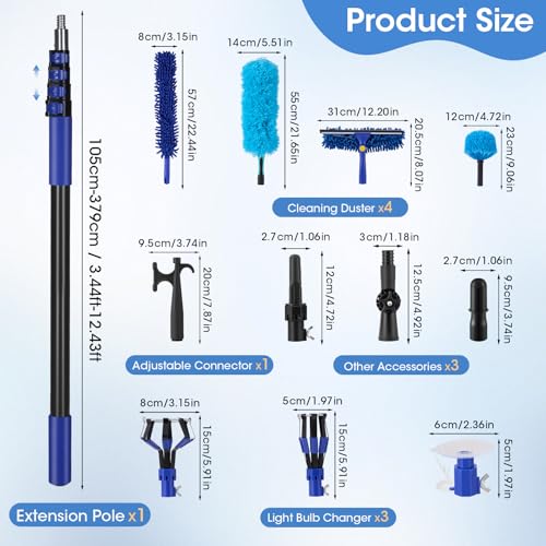 20FT Reach Light Bulb Changer for High Ceilings with 3.4-12.4FT Telescopic Extension Pole, 11PCS Reusable High Ceiling Fan Duster Kit for Recessed Lights, High Ceiling Window Cleaning