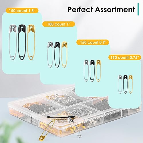 630 Pack Safety Pins Assorted, 5 Assorted Large Small Sizes, 3 Colors - color: 3 Colors, size: 5 Different Size, 630 Pack