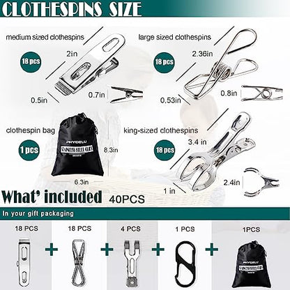 Clothes Pins Metal Stainless Steel Clothespins Laundry Pin Bag Photo Clips - size: 40pcs small size Clothes Pins
