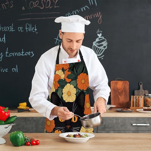 Cooking Aprons for Men and Women,Adjustable Bib Chef Apron with 2 Pockets, Soft and Durability Kitchen Apron - color: Black Cat Flowers