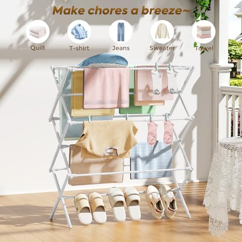 KINGBOARD 3-Tier Extendable Clothes Drying Rack, Small & Foldable, White - color: White