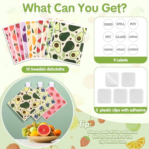 10 Pack Swedish Dishcloths for Kitchen- Reusable Paper Towels Washable Swedish Cloths Fruit Prints Dish Wipes with Adhesive Clips- Super Absorbent Fast Drying Kitchen Sponge for Cleaning Dishes - color: 10 Pack-fruits Prints+ Clips