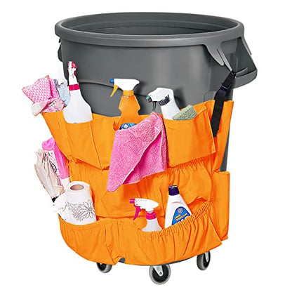 Trash Can Caddy Bag 12 Pocket Garbage Can Organizer, Yellow Commercial Cleaning Caddy Fits 32-55 Gallon Bins | Perfect for Janitorial Duties & Maid Services