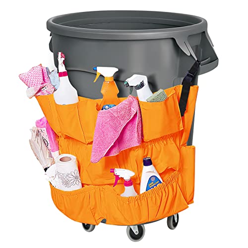 Trash Can Caddy Bag 12 Pocket Garbage Can Organizer, Yellow Commercial Cleaning Caddy Fits 32-55 Gallon Bins | Perfect for Janitorial Duties & Maid Services