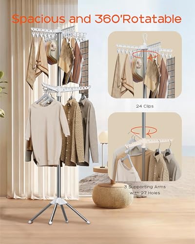 CASAMAYA Clothes Drying Rack Foldable, 72 inch 2 Tier Laundry Drying Rack with Rotating Clothes Rail for 27 Pieces of Clothes, Adjustable, 24 Clips, Space Saving, White and Silver CDR012W01 - color: White + Silver, size: 2-Tier Clip