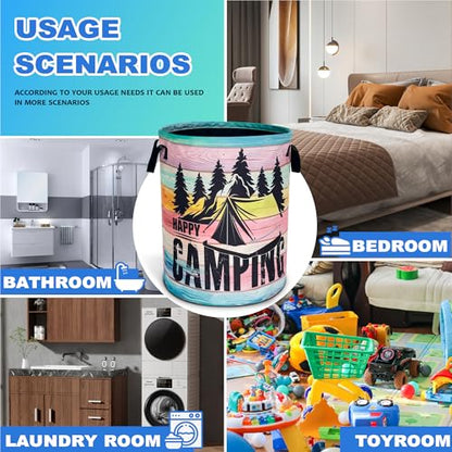 Happy Camping Laundry Basket Mountains Forest Oxford Cloth Laundry Hamper - color: Happy Camping