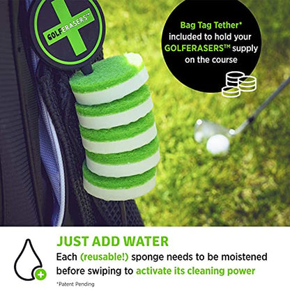 Instant Golf Eraser, Premium Dual-Sided Sponge - Golf Club Cleaner, Golf Ball Cleaner, Golf Club Groove Cleaner 6-Pack with Tether, 12-Pack Refill, Premium Embroidered Golf Towel with Clip - color: Golf Bundle