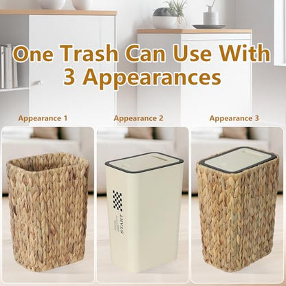 Trongee Boho Trash Can with Lid for Bathroom,2.6 Gallon Small Rattan Garbage Can with Press Top Lid,Woven Wastebasket and Hamper 2 in 1 Wicker Trash Basket for Bathroom,Kitchen,Living Room,Bedroom - color: Water Hyacinth