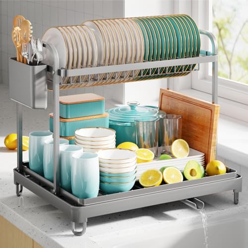 Sakugi Dish Drying Rack 2-Tier 15" x11.4" x15" Gray Double Rod - color: Gray, size: X-Large
