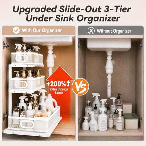 3-Tier Under Sink Organizer 2-Pack Organization for Bathroom Kitchen,White - color: White