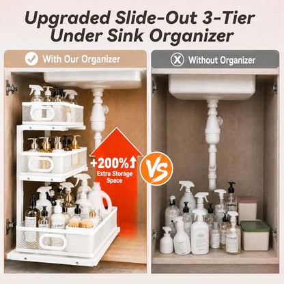 3-Tier Under Sink Organizer 2-Pack Organization for Bathroom Kitchen,White - color: White