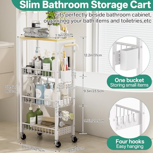 DTUQYX Slim Rolling Storage Cart, 4 Tier Small Organizer Cart with Wheels, Metal Utility Shelf Kitchen Bathroom Laundry Room Organization Trolley with Handle for Narrow Space (9.1" W Metal Basket) - color: White, size: 7.88"W Metal Wire Basket
