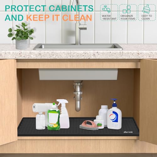 Silicone Under Sink Mat, 22"x19", Waterproof Cabinet Liner, Black - color: Black, size: 19"W x 22"L