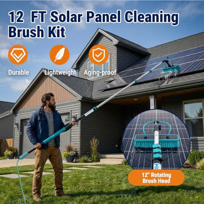 HoldwellS Solar Panel Cleaning Kit, 12FT Water Fed Pole with Extendable Handle, 180° Rotatable Brush Head & 65.6FT Hose, Household & Outdoor Window Cleaner Tool for Caravan Solar Panel Deck
