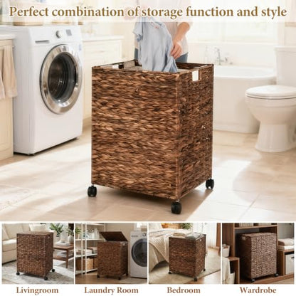 Livole Wicker Laundry Hamper with Lid & Wheel, Rattan Laundry Basket, 90L - color: Brown, size: 90L
