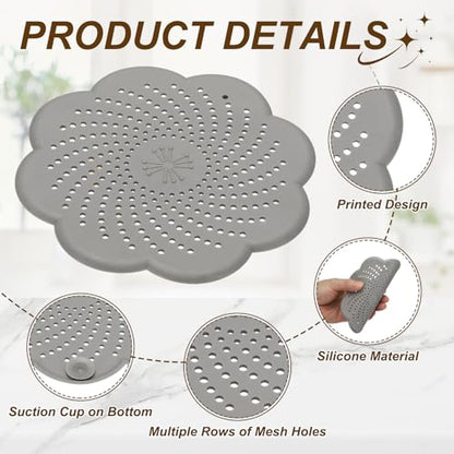 uxcell 2 Pcs Shower Silicone Drain Cover, 5.7 Inch Shower Hair Catcher Drain Cover for Shower Room Bathtubs Kitchen Sink Laundry Room, Gray(Flower) - color: Gray