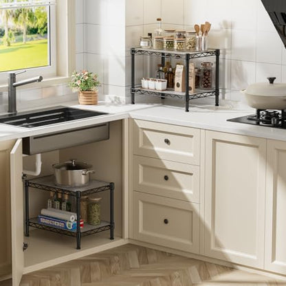 SINGAYE Small Shelves Kitchen Storage Shelf Wire Shelving Metal Adjustable - color: Black, size: 2 Tier 11.6"Dx17.6"Wx12"H