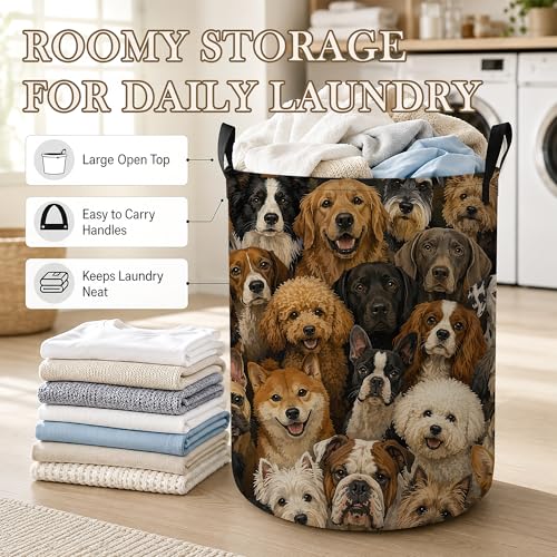 Laundry Hamper, Retro Dog Collapsible Cute Dog Laundry Baskets Waterproof Oxford Cloth With Handles, Clothes Storage Bucket For Bathroom/Bedroom 16" x 20.8" - color: Retro Dog