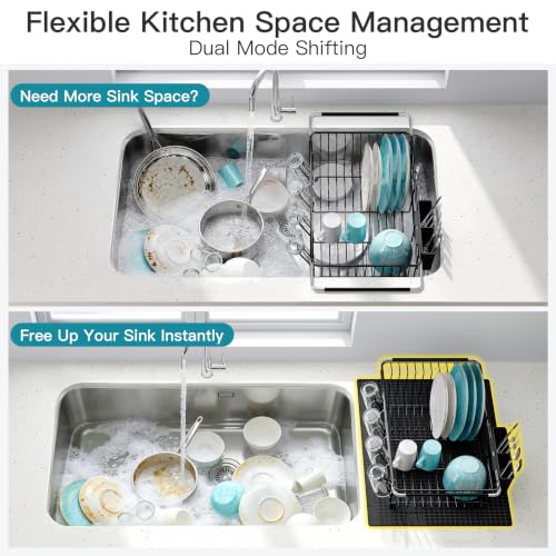 JASIWAY Black Dish Drying Rack in Sink with Mat, Cups and Utensil Holder - color: Black, size: For 12"-30"w Sink, with Mat