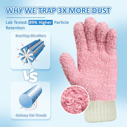 MIG4U Microfiber Dusting Gloves House Cleaning Glove for Blinds, Windows, Shutters, Furniture, and Car, Reusable Lint-Free Pink 2 Pairs S/M - color: Pink Mitten + Gloves