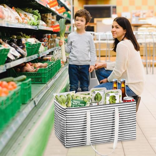 LHZK Standing Extra Large Utility Tote Bag with Metal Wire Frame and the Sides Rinforced, Extra Large Tote Bag with Handle, Reusable Grocery Bags Foldable, Beach Bag, Car Tote, Black - color: Black/White, size: 22.5''x10.5''x12''-1 Pack