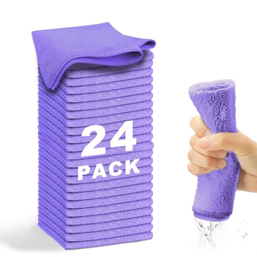 Microfiber Cleaning Cloth-24Pcs (13x13 inch) Ultra Soft Highly Absorbent Rags for Housekeeping-Machine Wash (Purple) - color: Purple, size: 24-Pack (13"x13"）