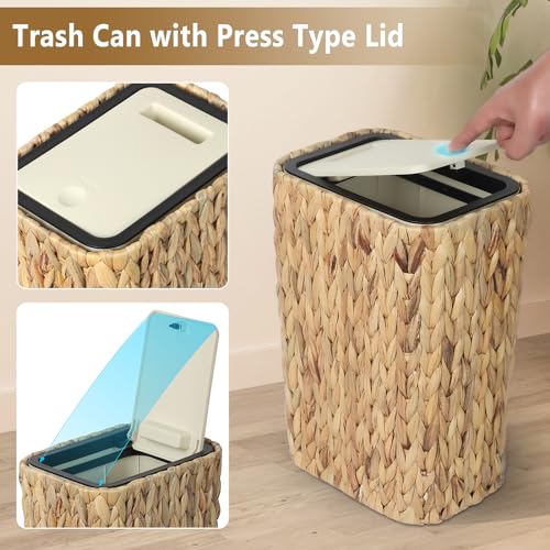 Trongee Boho Trash Can with Lid for Bathroom,2.6 Gallon Small Rattan Garbage Can with Press Top Lid,Woven Wastebasket and Hamper 2 in 1 Wicker Trash Basket for Bathroom,Kitchen,Living Room,Bedroom - color: Water Hyacinth