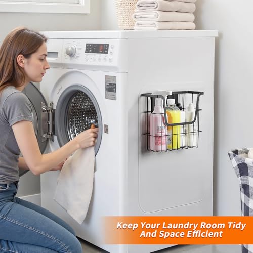 Magnetic Dryer Ball Holder - Black Basket for Laundry Room Organization and Storage with Bamboo Top - Magnetic Lint Bin Suitable for Washer and Dryer / Fridge / Whiteboard (No Balls)