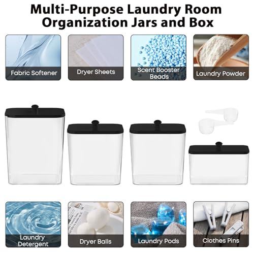 COAZEX 4 Pack Clear Laundry Pods Container & Dryer Sheet Holder,Black Lids - color: Black-Square-White Labels