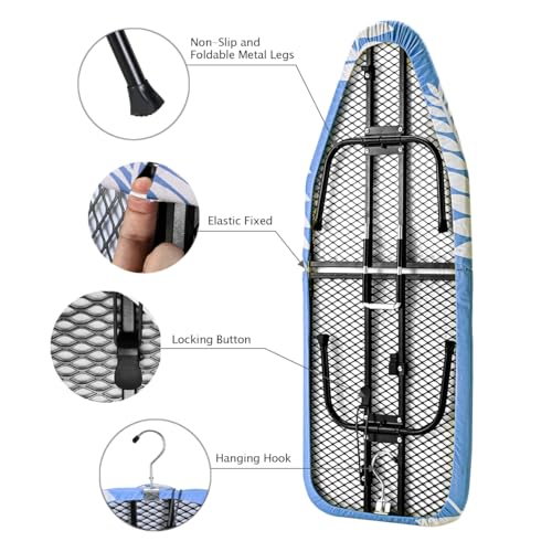 SheeChung Small Ironing Board 12"x32",Mini Ironing Board with Metal Mesh - style: Blue Leaf-32x12