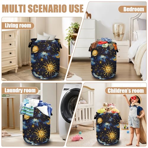 Sun Moon Laundry Basket, Foldable Cloudy Starry Night Laundry Hamper Tote Bag Dirty Clothes Storage Bucket Organizer for Bathroom/Laundry/Bedroom 15.7"x19.6" - color: Beautiful Sun Stars Moon