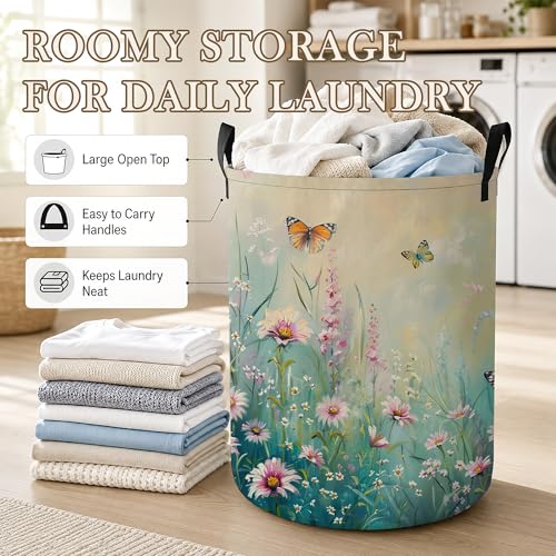 Laundry Hamper, Butterfly Garden Collapsible Wildflowers Laundry Baskets Waterproof Oxford Cloth With Handles, Clothes Storage Bucket For Bathroom/Bedroom 16" x 20.8" - color: Butterfly Garden