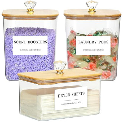 3 Pack Large Laundry Powder Container and Dryer Sheet Holder with Airtight Lid, Clear Plastic Laundry Pods Container for Laundry Room with Scoops, 12 Lables - color: 3 Pack with Printed Labels
