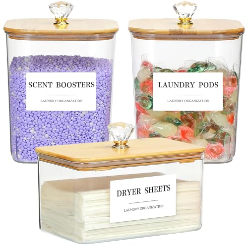 3 Pack Large Laundry Powder Container and Dryer Sheet Holder with Airtight Lid, Clear Plastic Laundry Pods Container for Laundry Room with Scoops, 12 Lables - color: 3 Pack with Printed Labels