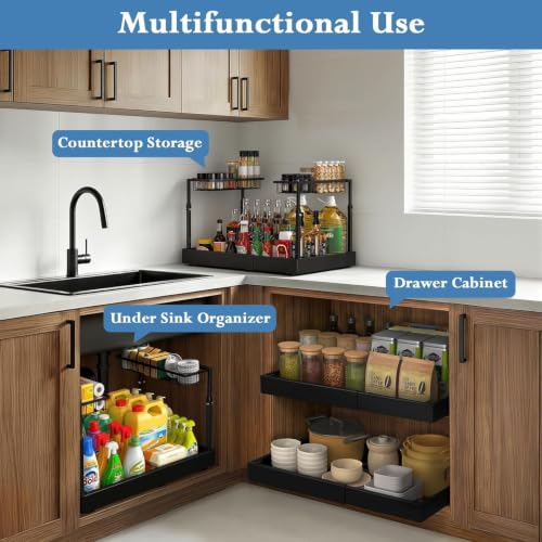 Under Sink Organizer, 2-Tier Slide Out kitchen Storage Metal Shelf, Black - size: Large