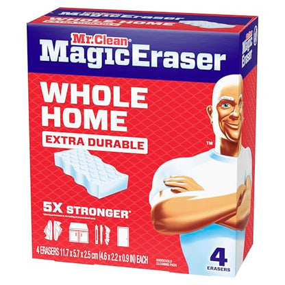 Mr. Clean Magic Eraser Sponge, All Purpose Cleaner, Cleaning Scrubber, Wall, Sneaker, Kitchen, Bathroom, Shower Cleaner, Cleaning Supplies, Melamine Sponge, Cleaning Pads, Extra Durable, 4ct