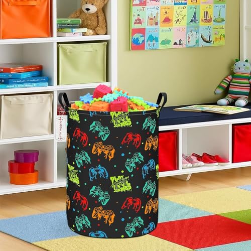QUEENLALA Foldable Waterproof Round Fabric Laundry Basket Home, Black Game - color: Round-Black Game