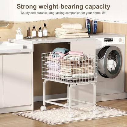 Laundry Basket with Wheels,80L Wire Rolling Laundry Basket with Pull Handle,White High Laundry Cart for Laundry Room,Bathroom,Bedroom-White(23.6 * 15.75 * 28inch) - color: White, size: 23.6*15.75*27.95inch
