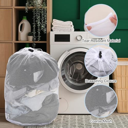 uxcell 2Pcs Mesh Laundry Bag, 31.5x23.6" Large Drawstring Net Laundry Bag Coarse Mesh for Washing Machine for College, Dorm, Travel, Family and Apartment Residents, White - size: XL