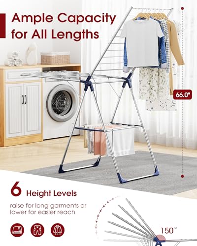 Sakugi Clothes Drying Rack, 69.5" Adjustable Wings, Foldable Design - color: Silver & Blue, size: XX-Large (69.5"L x 22.8"W x 36.6"H)